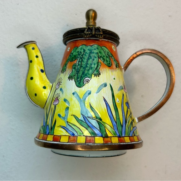 Vintage Kelvin Chen enamel yellow/green frog mini teapot signed Certificate #315 - Picture 1 of 9